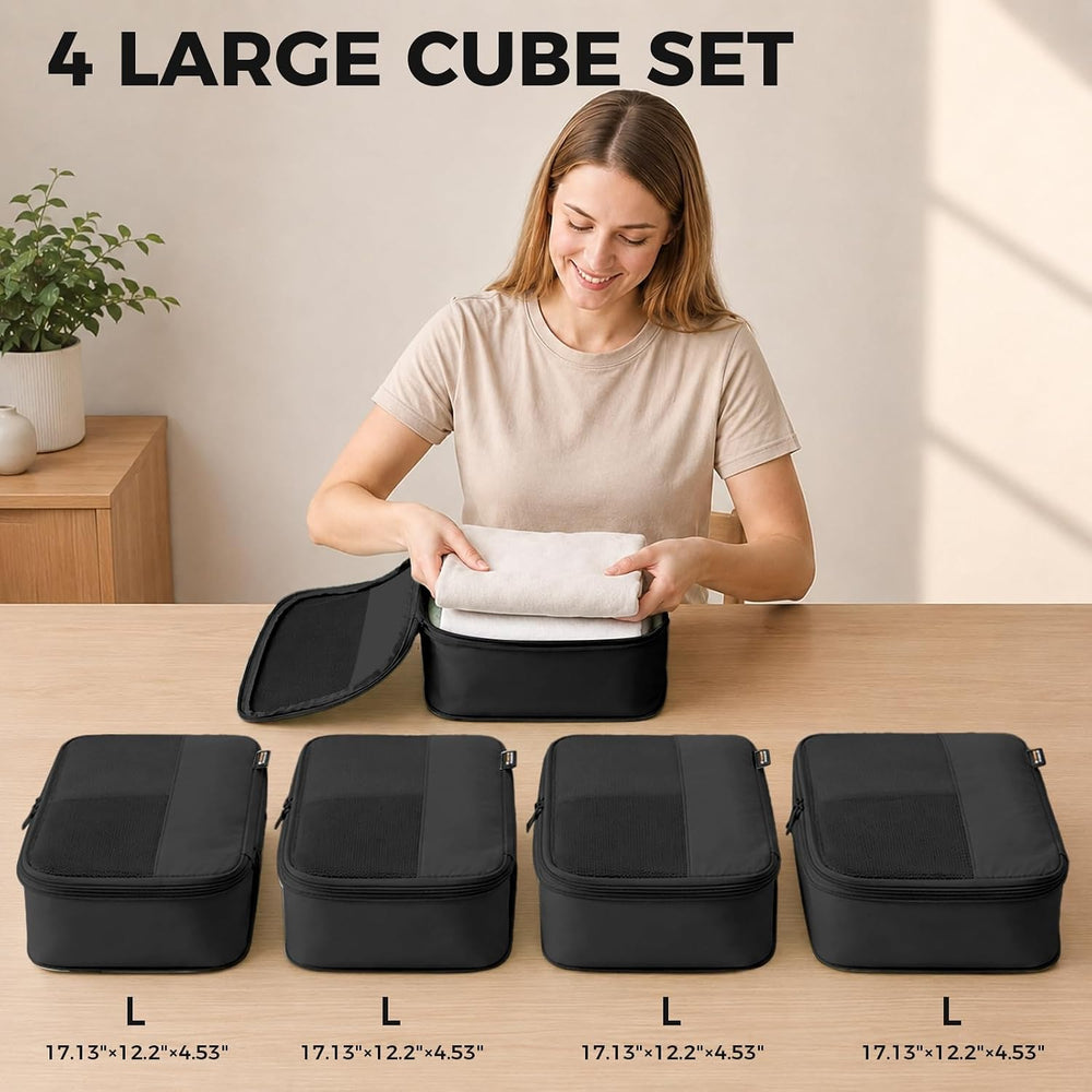 4 Large Compression Packing Cubes for 7–14 Day Travel, Jet Black