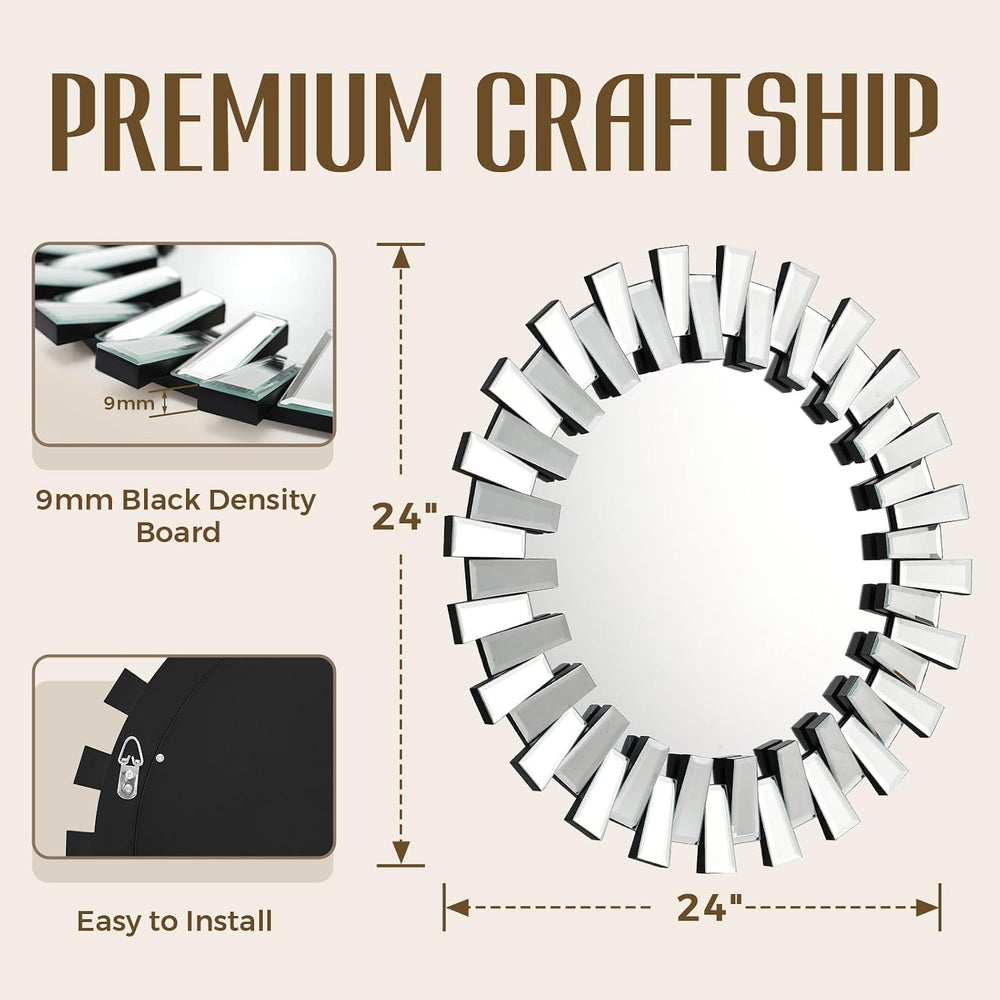 QDSSDECO Round Mirror Sunburst Wall Mirror 24" Beveled Edge Frameless fo...
