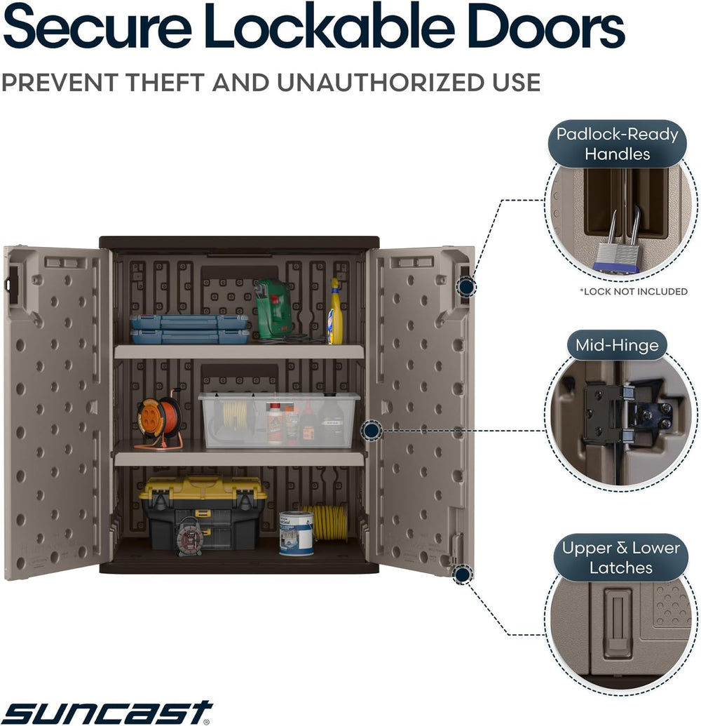 Suncast 9 Cu Ft Base Storage Cabinet, Lockable 2-Shelf Organizer, Platinum