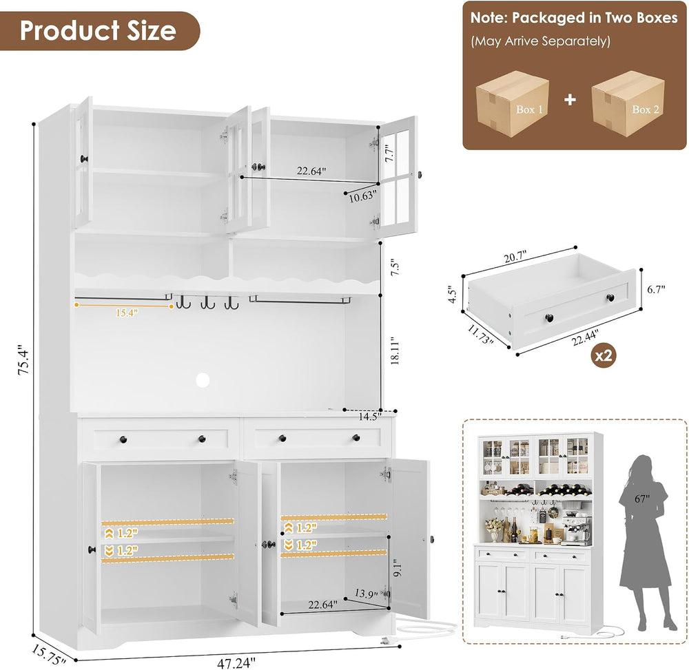 HOSTACK 75" Kitchen Pantry Storage Cabinet, Coffee Bar Hutch Cabinet, Wh...