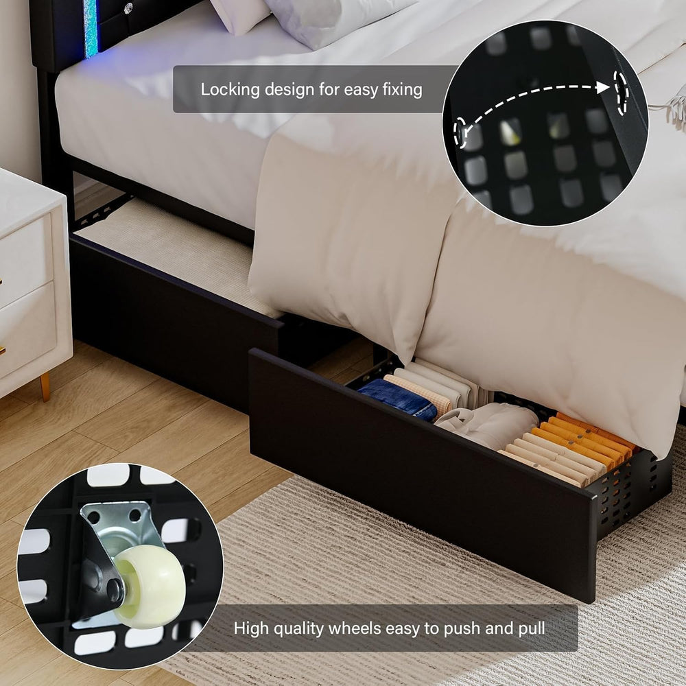 BarnFurin Queen Bed Frame with LED Headboard and Storage Drawers,Black