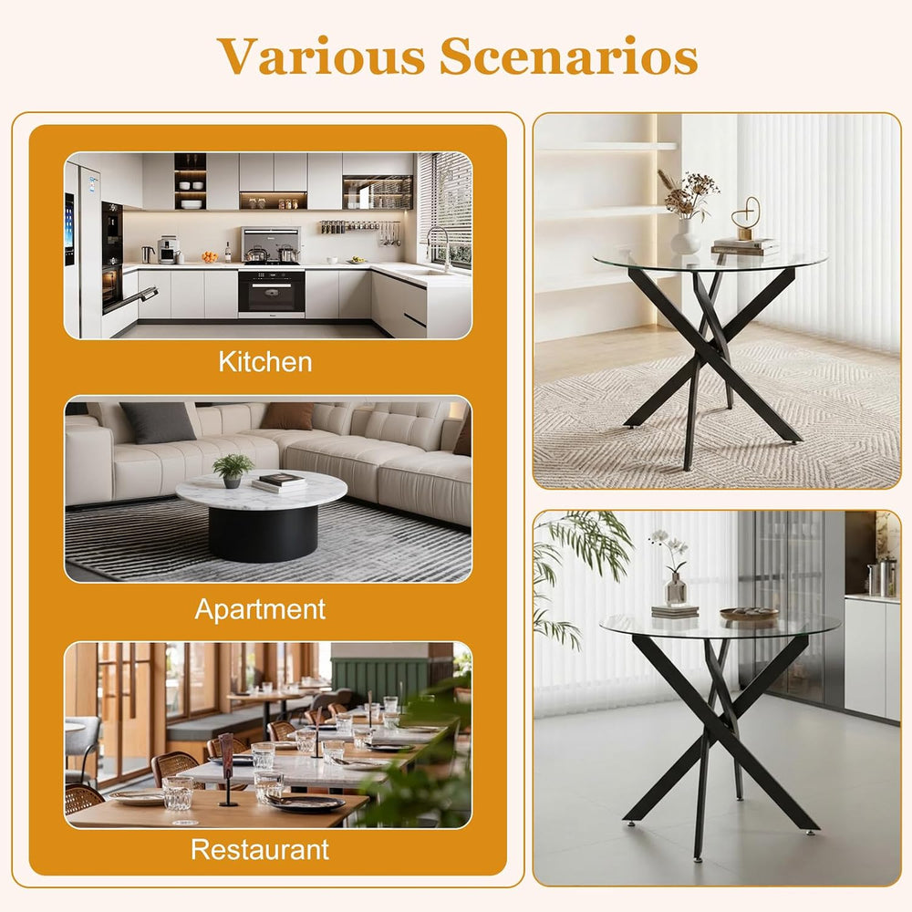 36" Round Glass Dining Table, Modern Kitchen Table with Clear Tempered G...