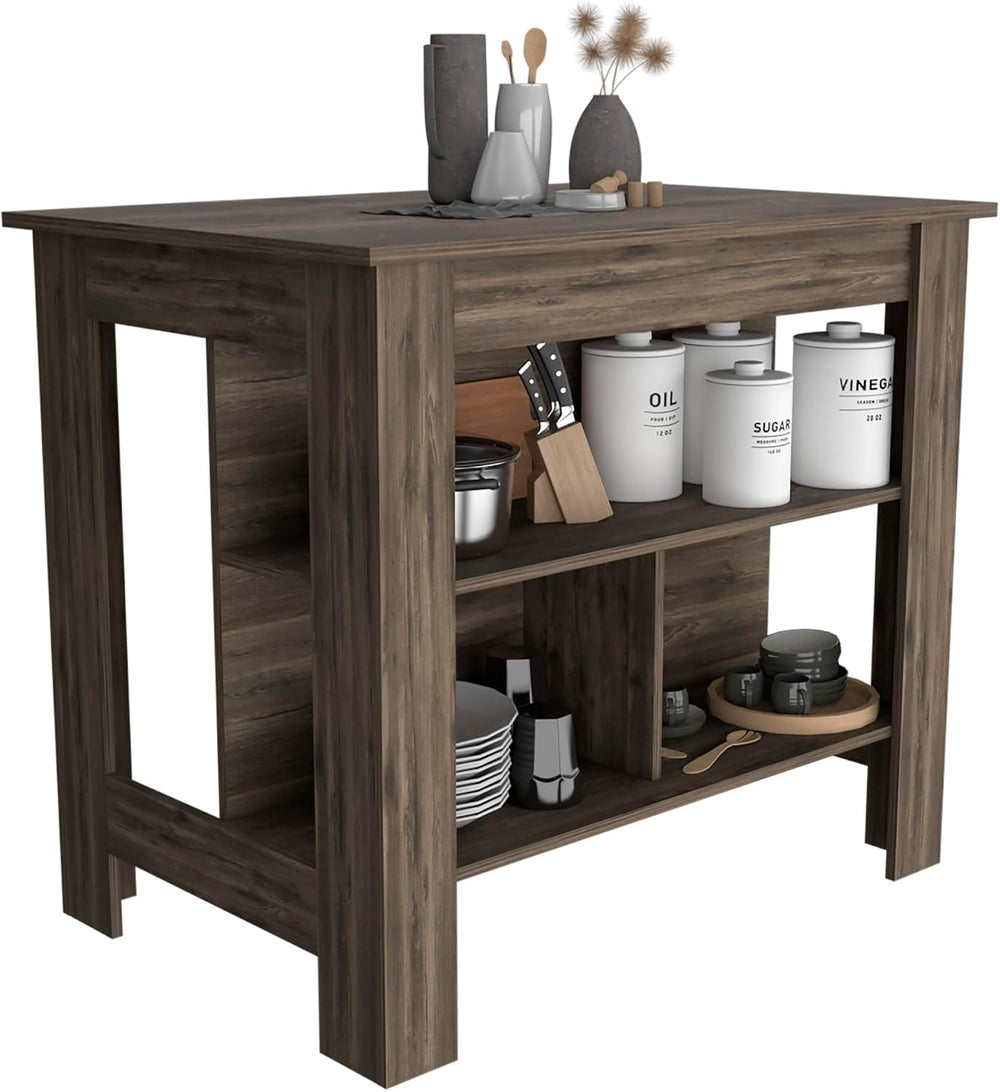 Dark Brown Kitchen Island with Three Shelves and Four Legs | Spacious kitchen...