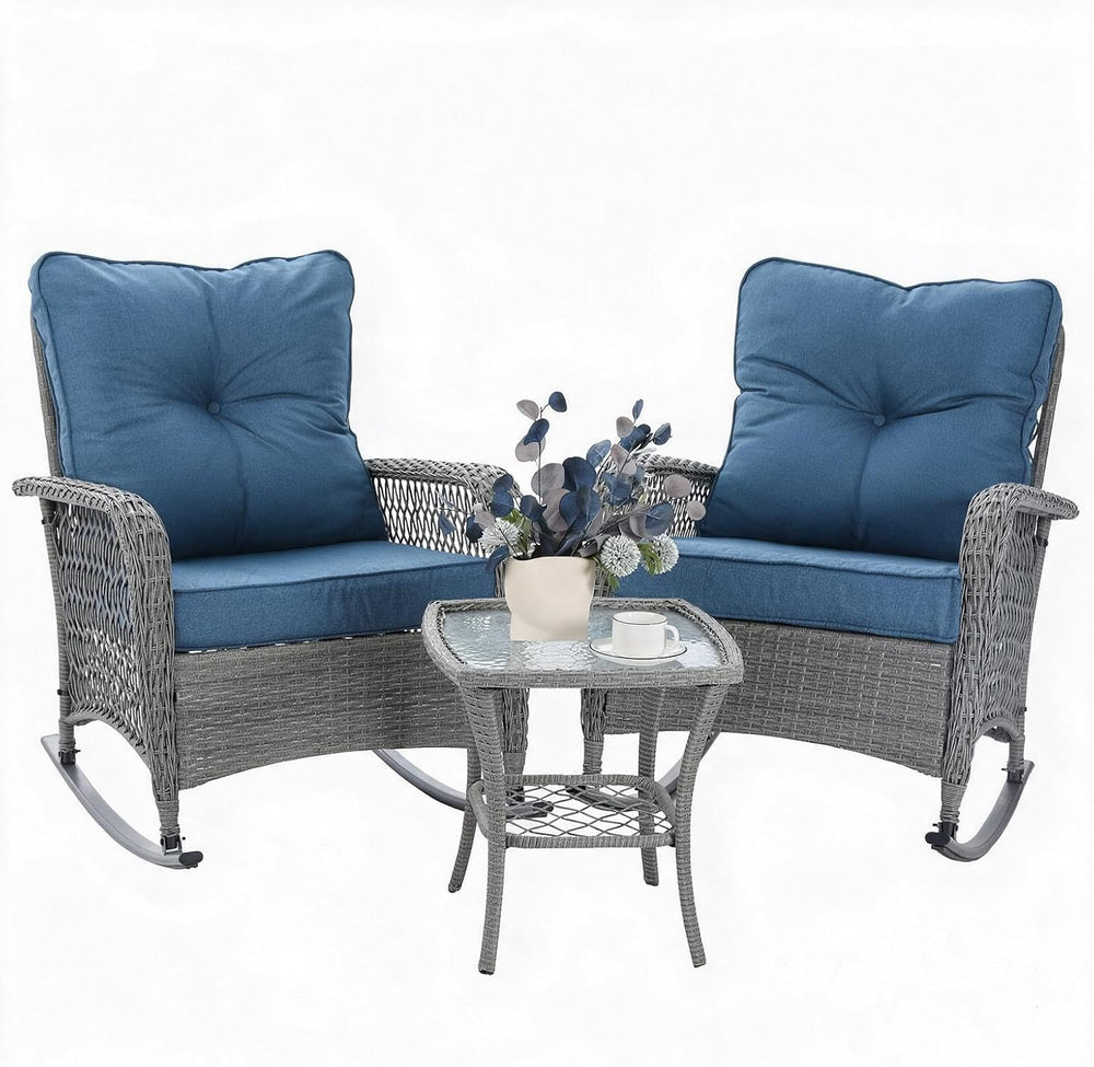 Patio Furniture Set 3 Pieces, Wicker Outdoor Rocking Bistro Set, Blue