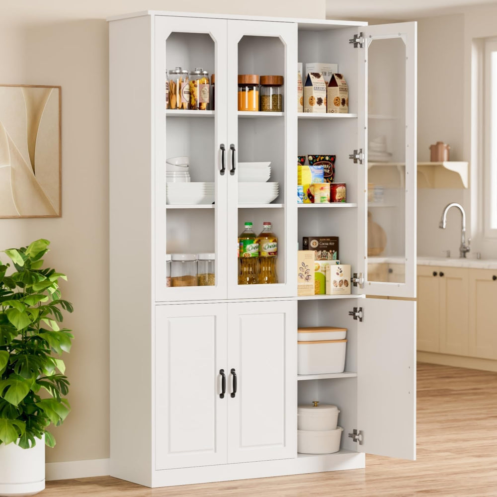 White Kitchen Pantry Cabinet, 78.7" Tall China Cabinet with Glass Doors ...