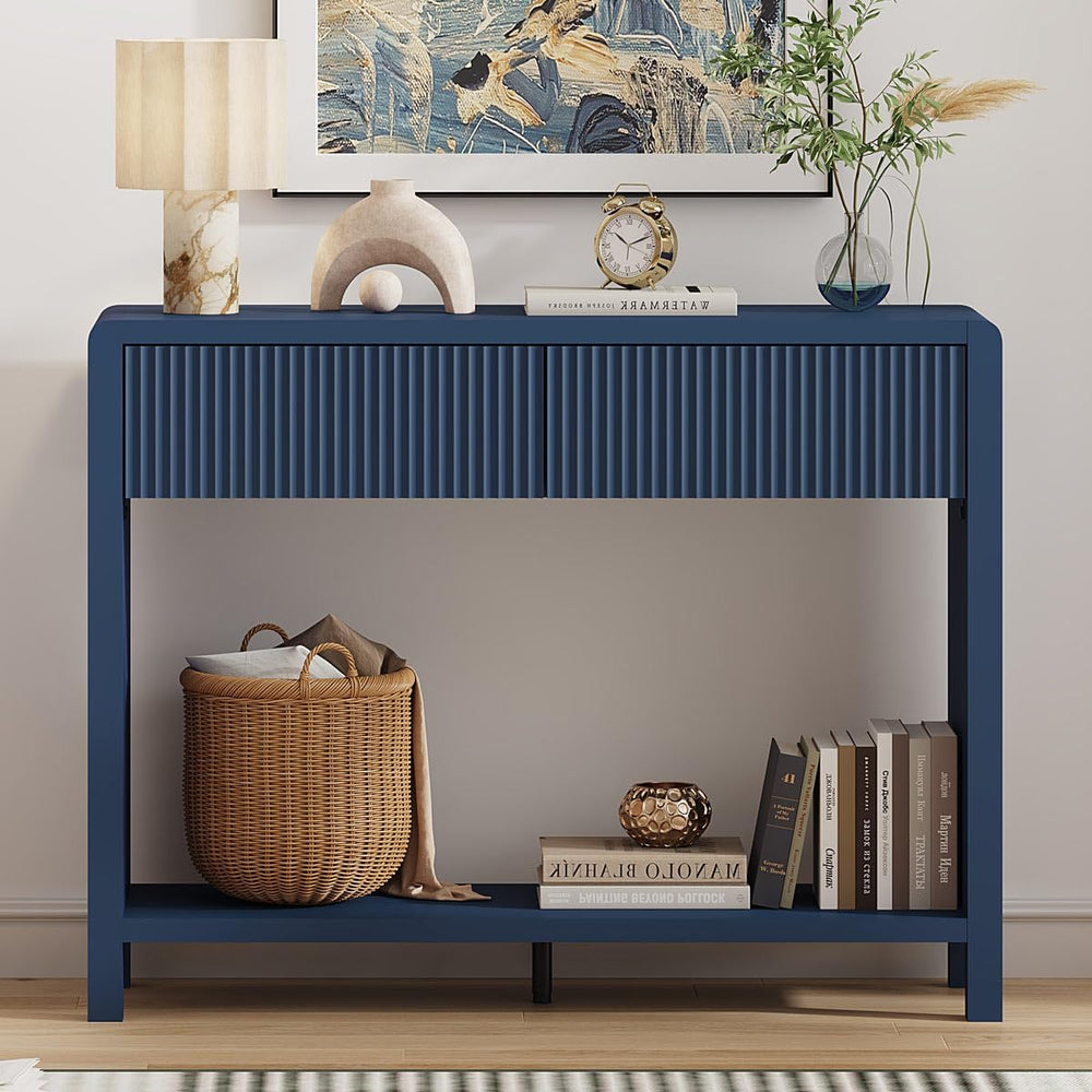 FATORRI Console Entryway Table with 2 Wood Fluted Drawers, 39.37" Blue |...