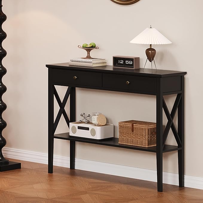 ChooChoo Console Table with Drawers, Narrow Wood Accent Sofa Table Entryway T...