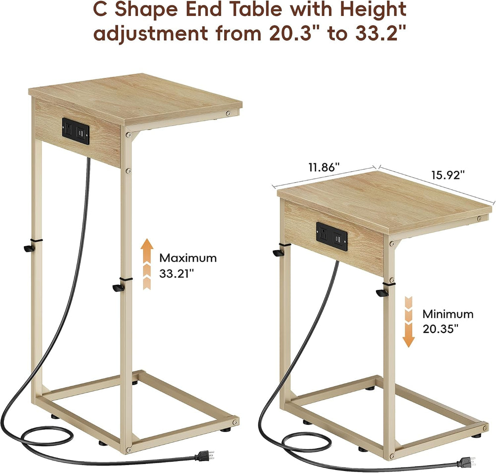 Vagusicc C Shaped End Table with Charging Station, Adjustable Height Side Tab...