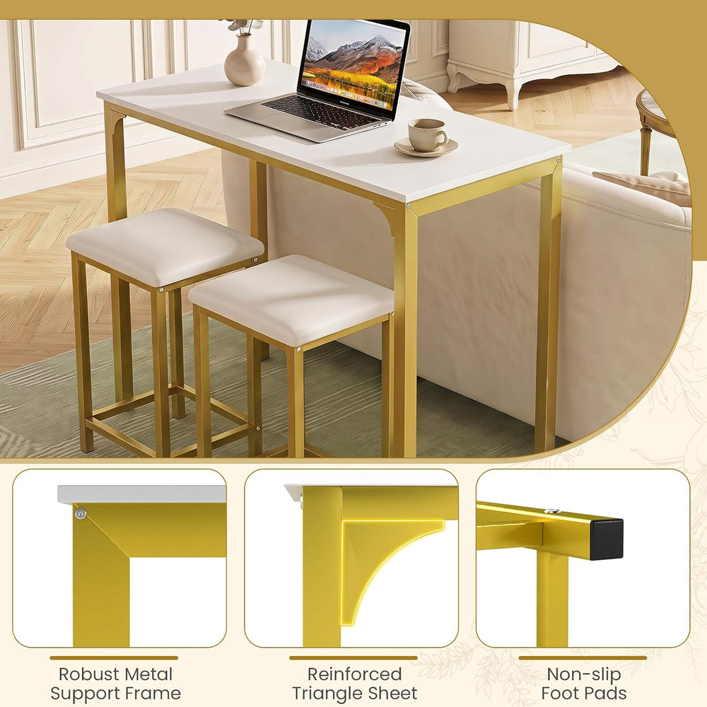 GIANTEX 3-Piece Dining Table Set for 2, Upholstered Stools (White+Gold) | Cou...