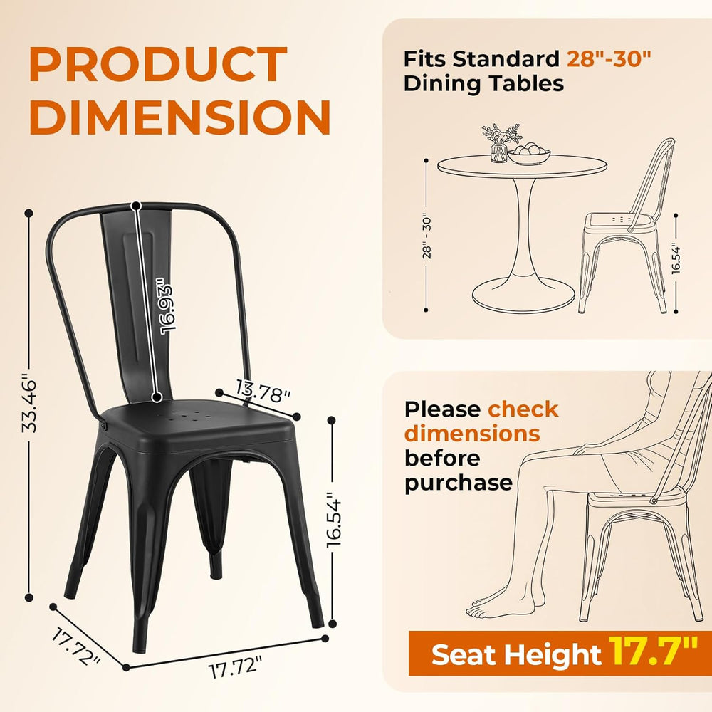 Set of 8 Midnight Black Metal Dining Chairs, Classic Tolix Style Stackable Ki...