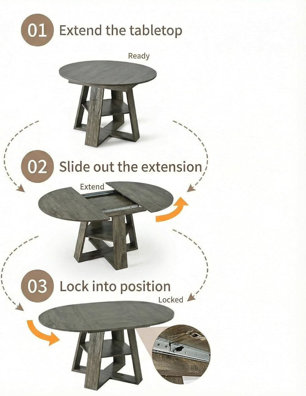 Round Extendable Dining Table Set for 6, 43"-59" Rustic Grey Expand...