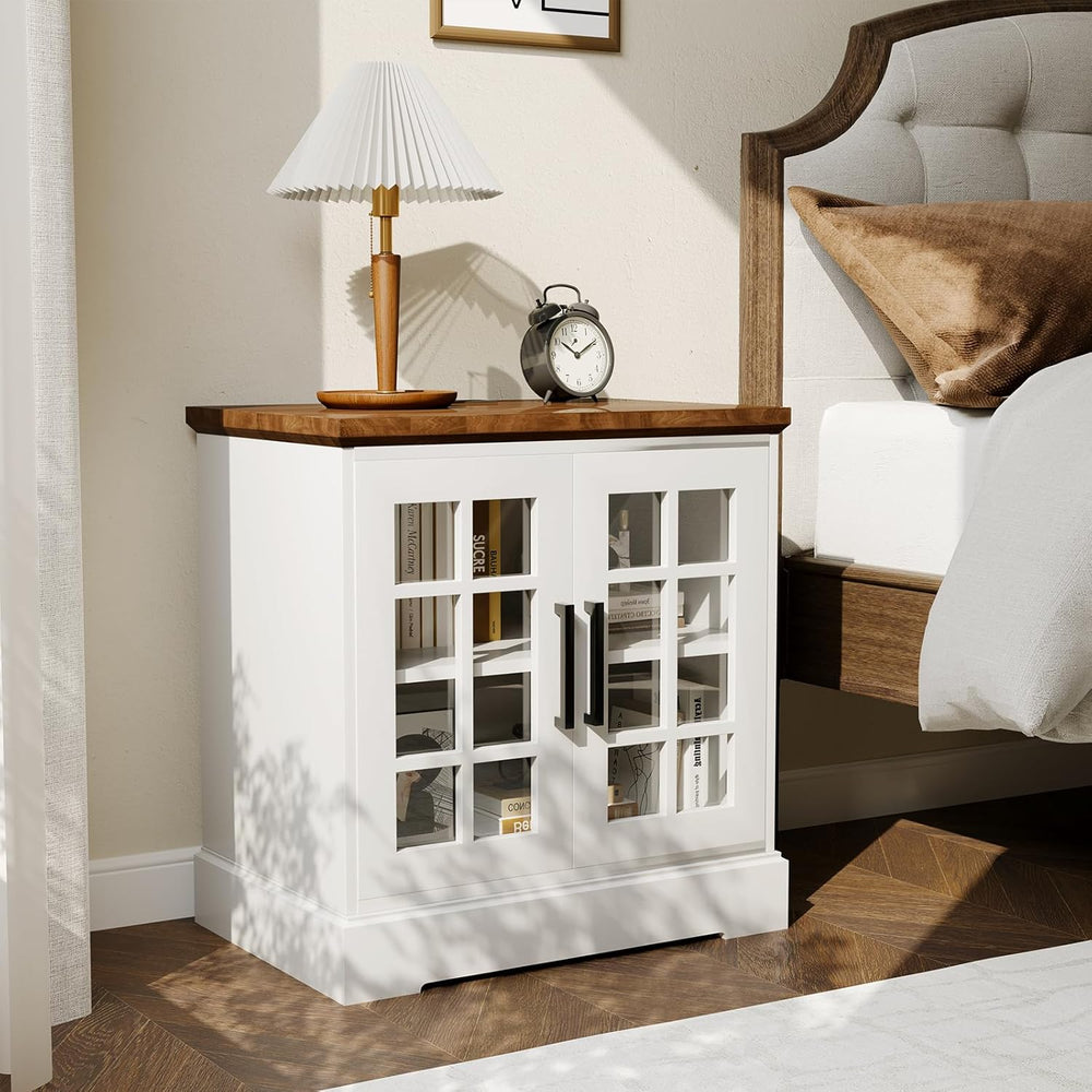 24" Farmhouse Nightstand with Charging Station, End Table with Tempered ...