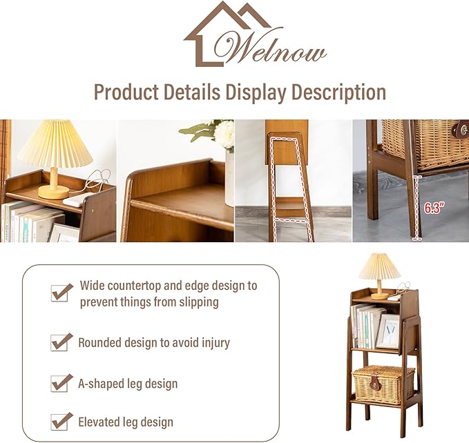 Welnow Bamboo Bookcase with Cabinet, Natural End Table with 1-Tier Storage Sh...