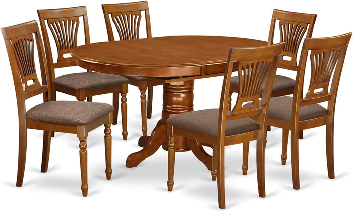 East West Furniture AVPL7-SBR-C 7 Piece Dining Table Set Consist of an Oval Dining Room Table with Butterfly Leaf and 6 Linen Fabric Upholstered Chairs, 42x60 Inch, Saddle Brown