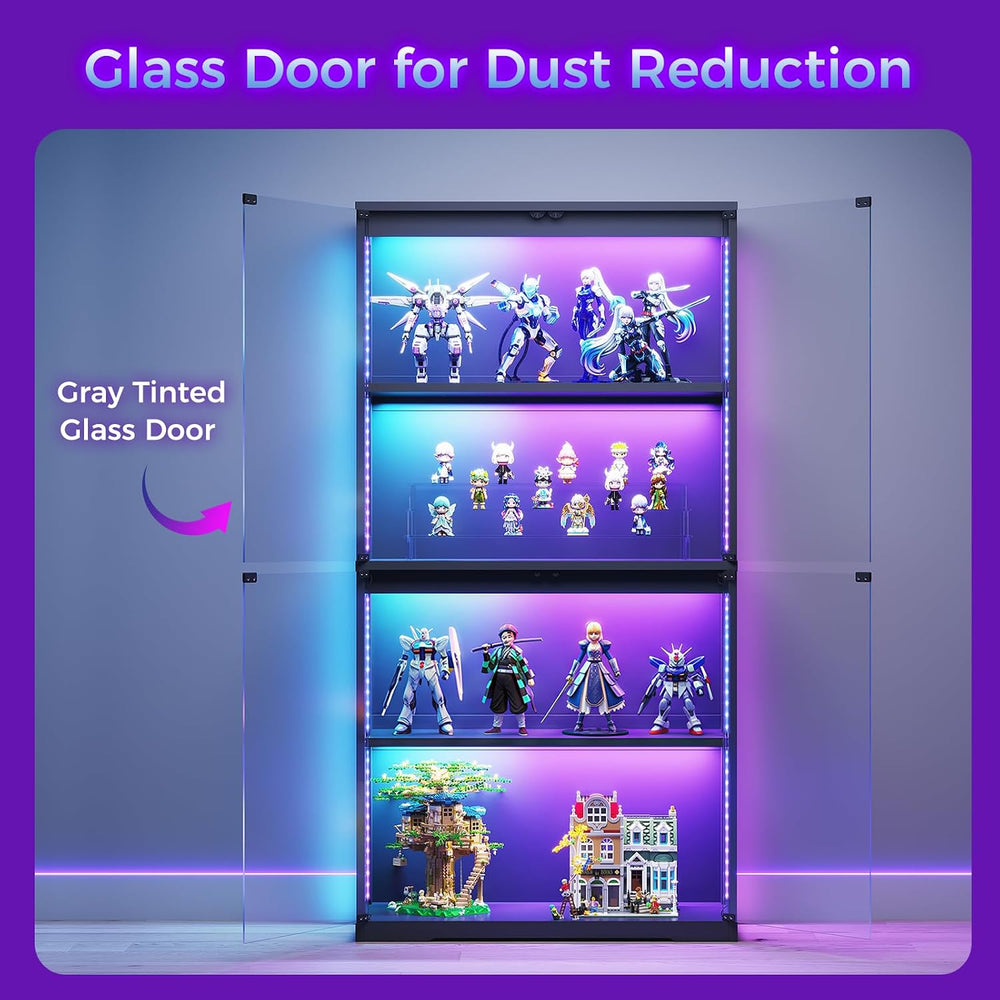 AODK Glass Display Cabinet with Glass Doors, RGB Light Display Case, 4-Tier S...