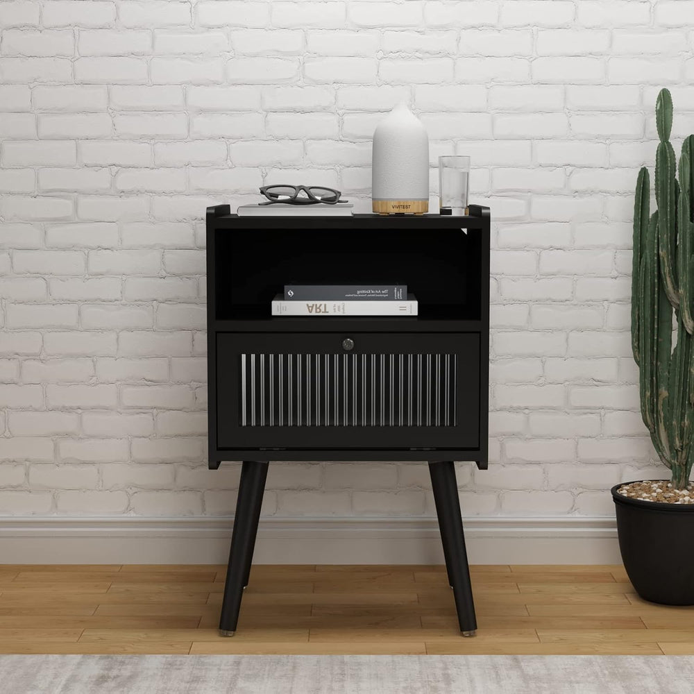 Mid Century Modern Nightstand, Bedside Table with Glass Door, Black | Side Ta...