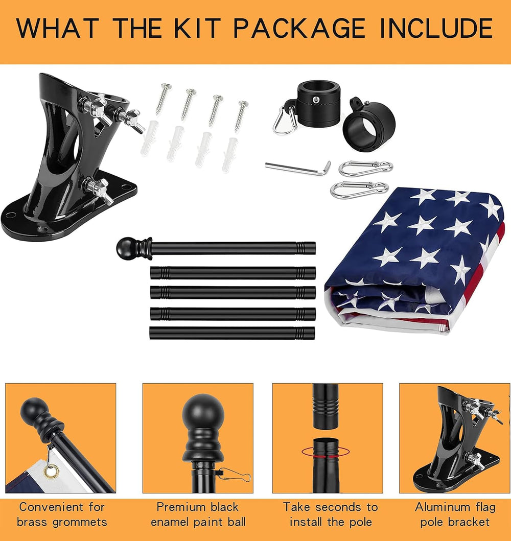 American Flag Pole Kit for House, 6FT Black Metal Pole with 3x5FT US Flag