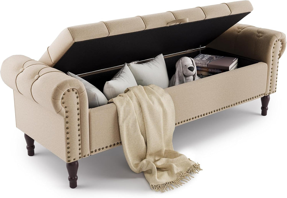 Cozyman Storage Bench Ottoman, 61" Long King Linen Rolled Arm Bedroom En...