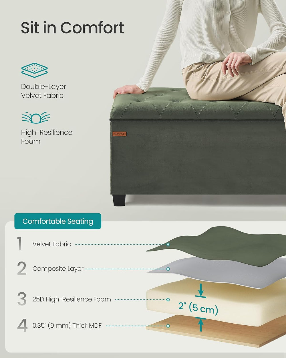SONGMICS Velvet Storage Ottoman Bench, Foot Rest with Legs, 15.7 x 43 x 15.7 ...