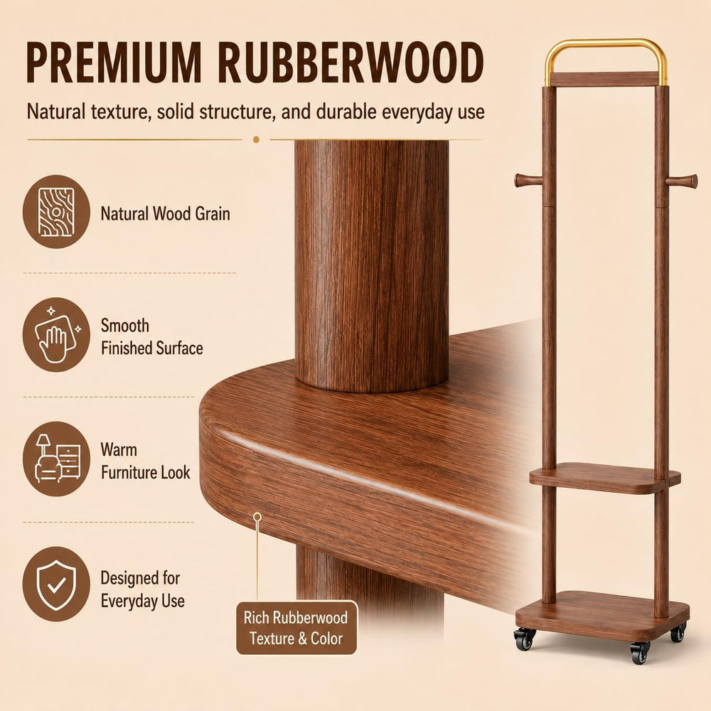 VetaDeMadera Wooden Coat Rack, Rolling Rack with Shelves