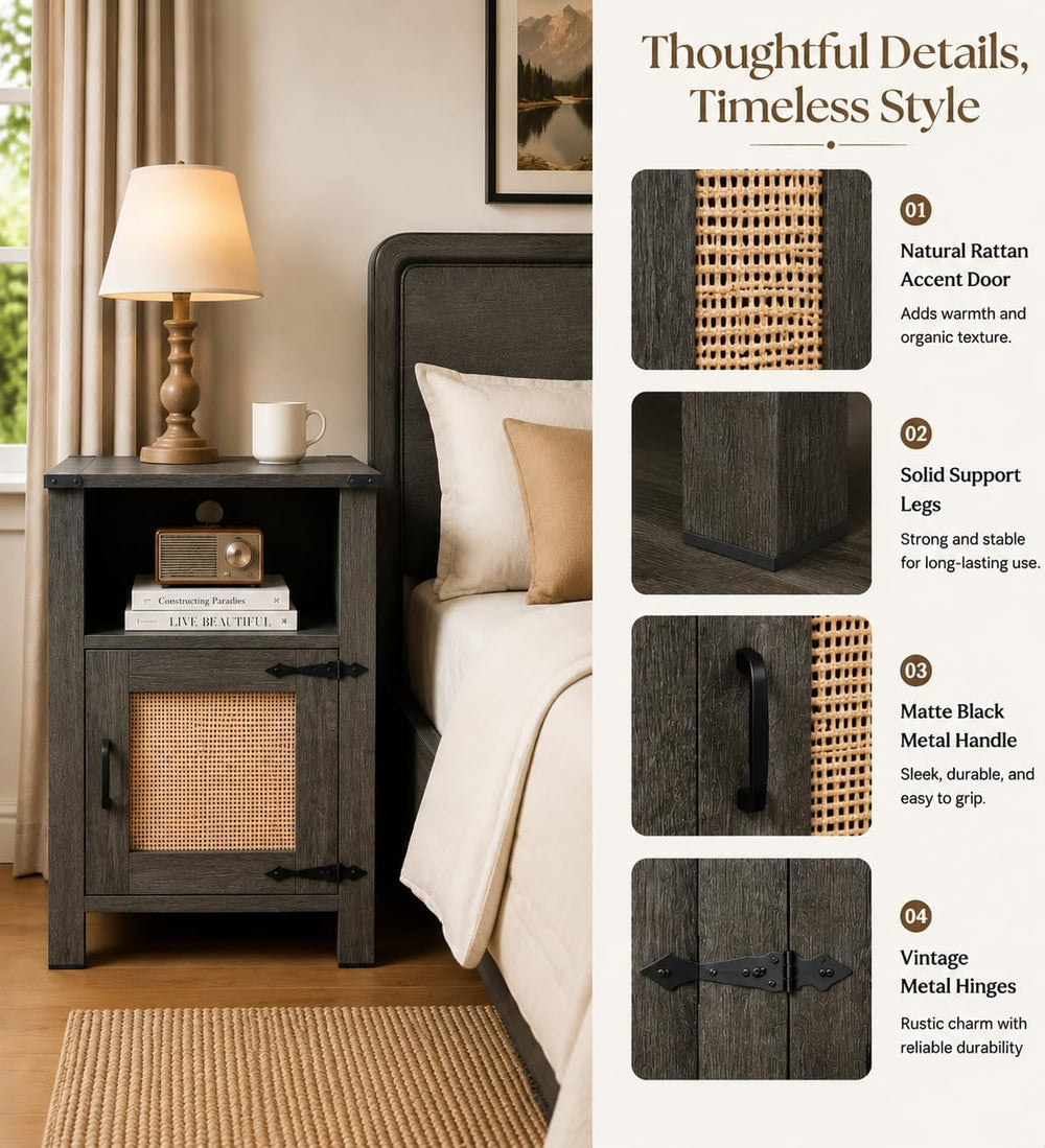 Miereirl Rattan Nightstand Set of 2 with Cabinet, Boho Farmhouse, Dark Gray |...