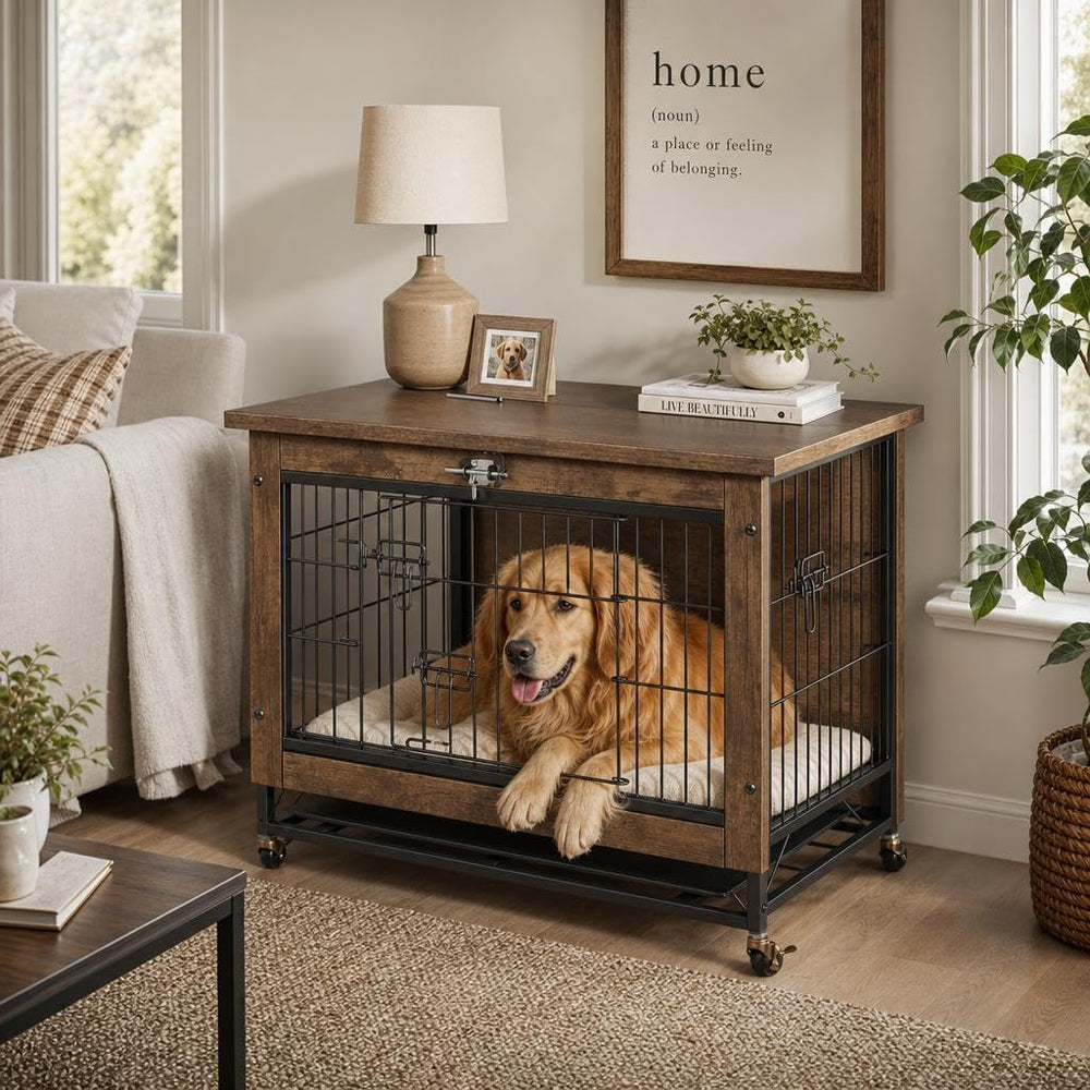 Rustic Brown Wooden Dog Crate End Table with Dual Doors & Lockable Wheels...