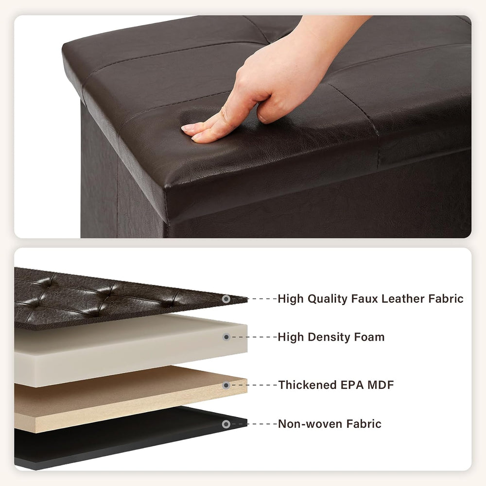 PINPLUS Folding Storage Ottoman Bench, Brown Faux Leather | Storage Chest wit...