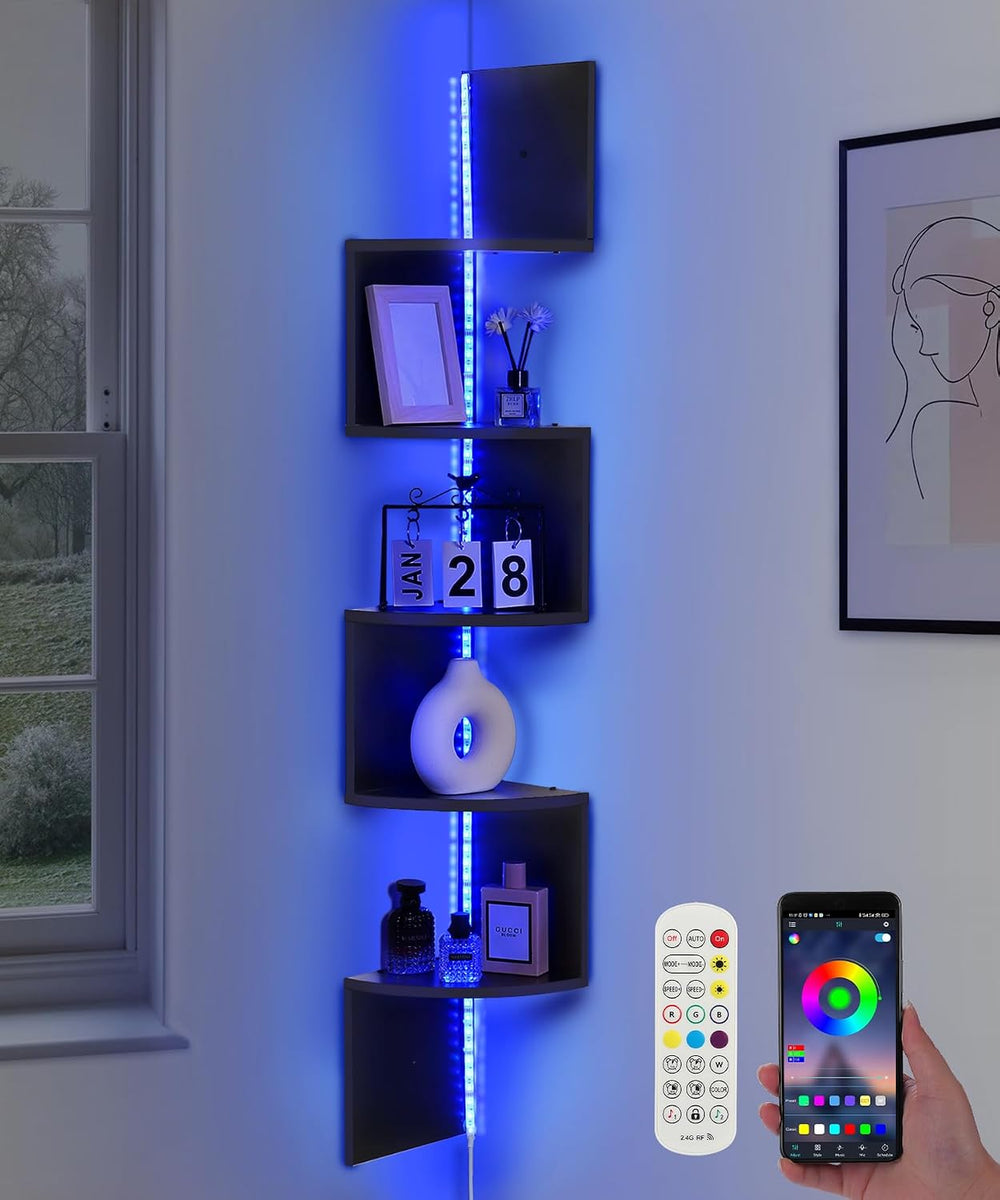 5 Tiers Corner Shelf with RGB LED Lights, 49.2" Wall Mount Floating Corn...