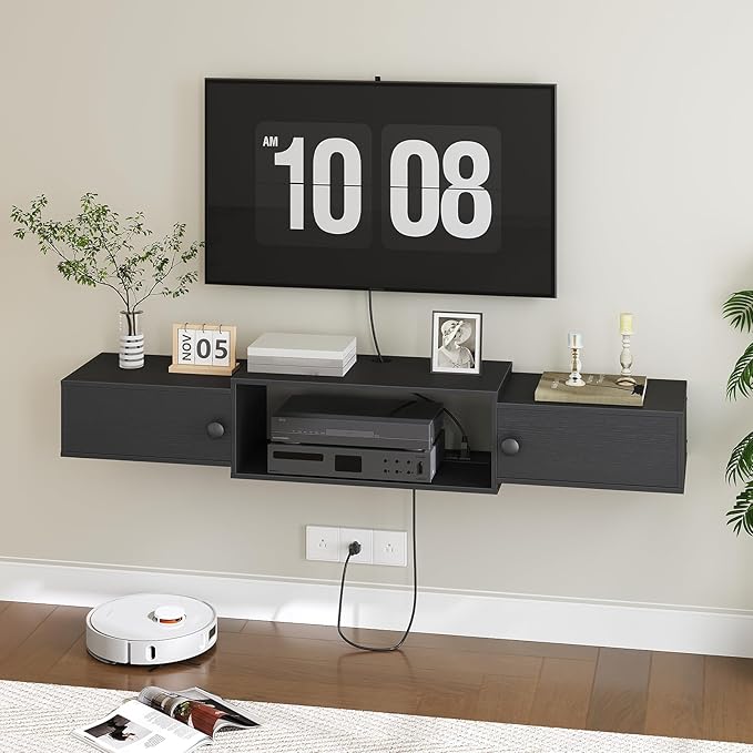 HOOBRO 55" Floating TV Stand with Power Outlets, Modern Wall Mounted Med...