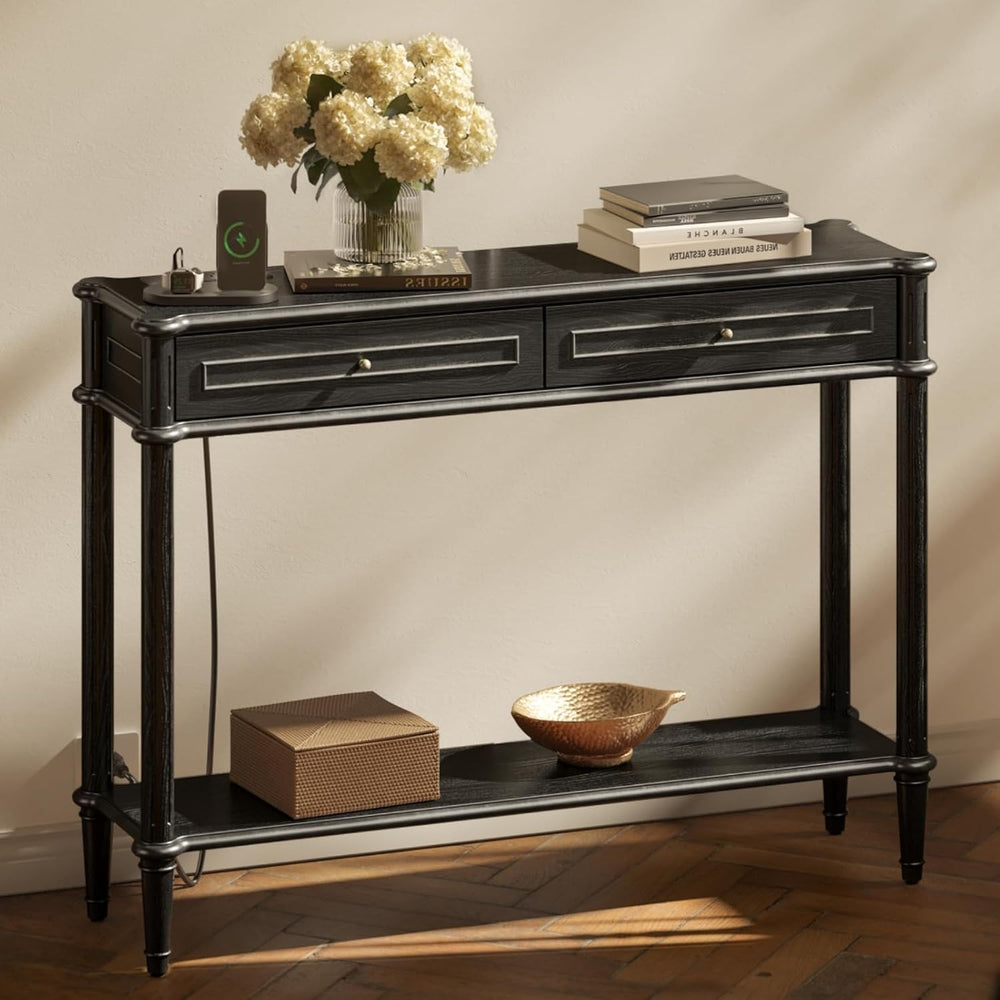 Solid Wood Console Table for Entryway with Charging Station, 2 Drawers | Retr...