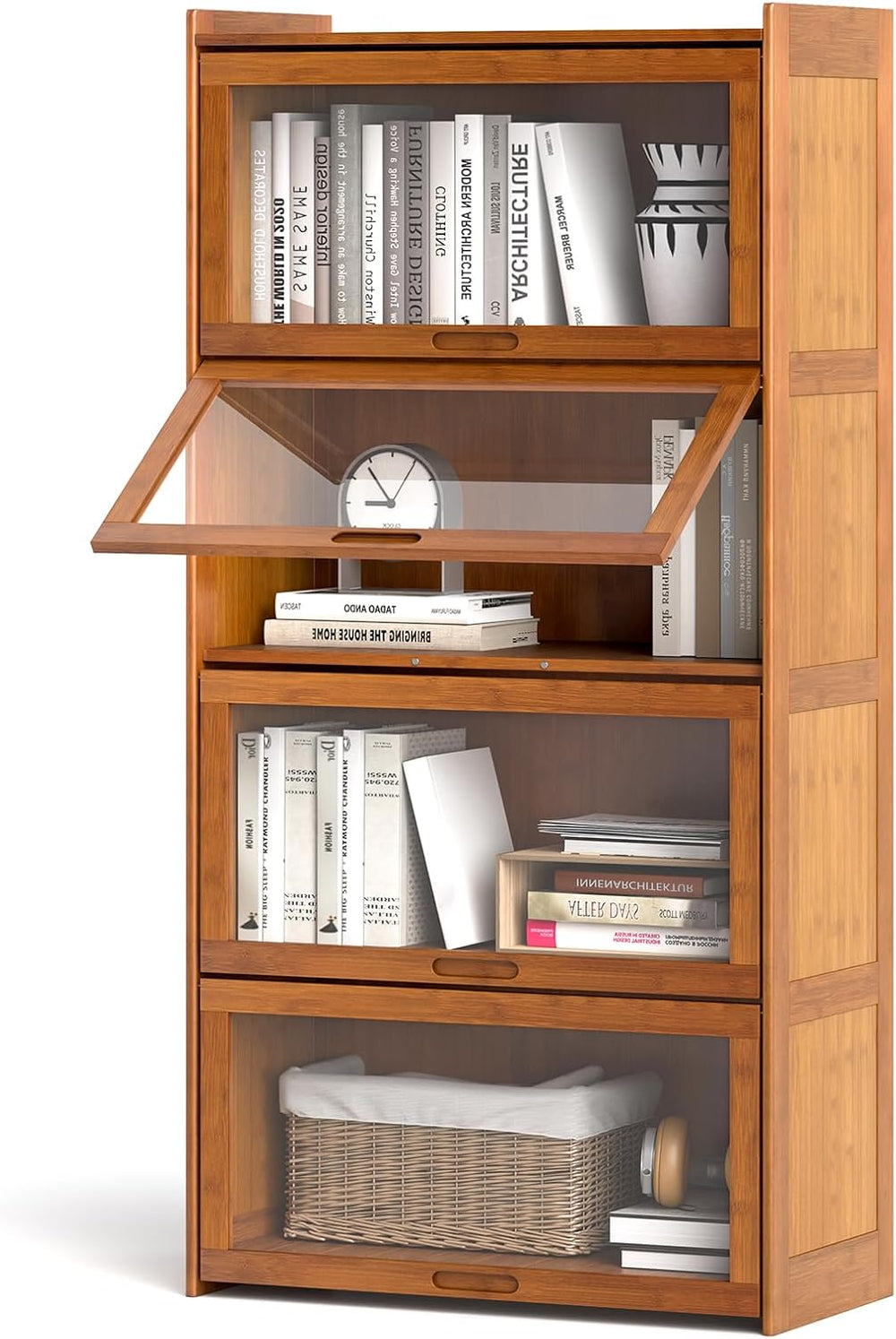 GIANTEX 4-Tier Bookcase with Clear Doors, 55" Bamboo Bookshelf with Flip...