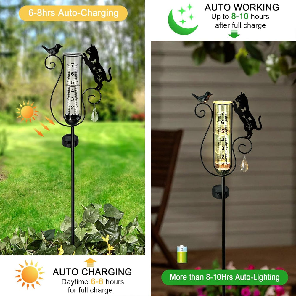 Rain Gauge Outdoor Decorative,Metal Black Cat Solar Lights Outdoor Garden