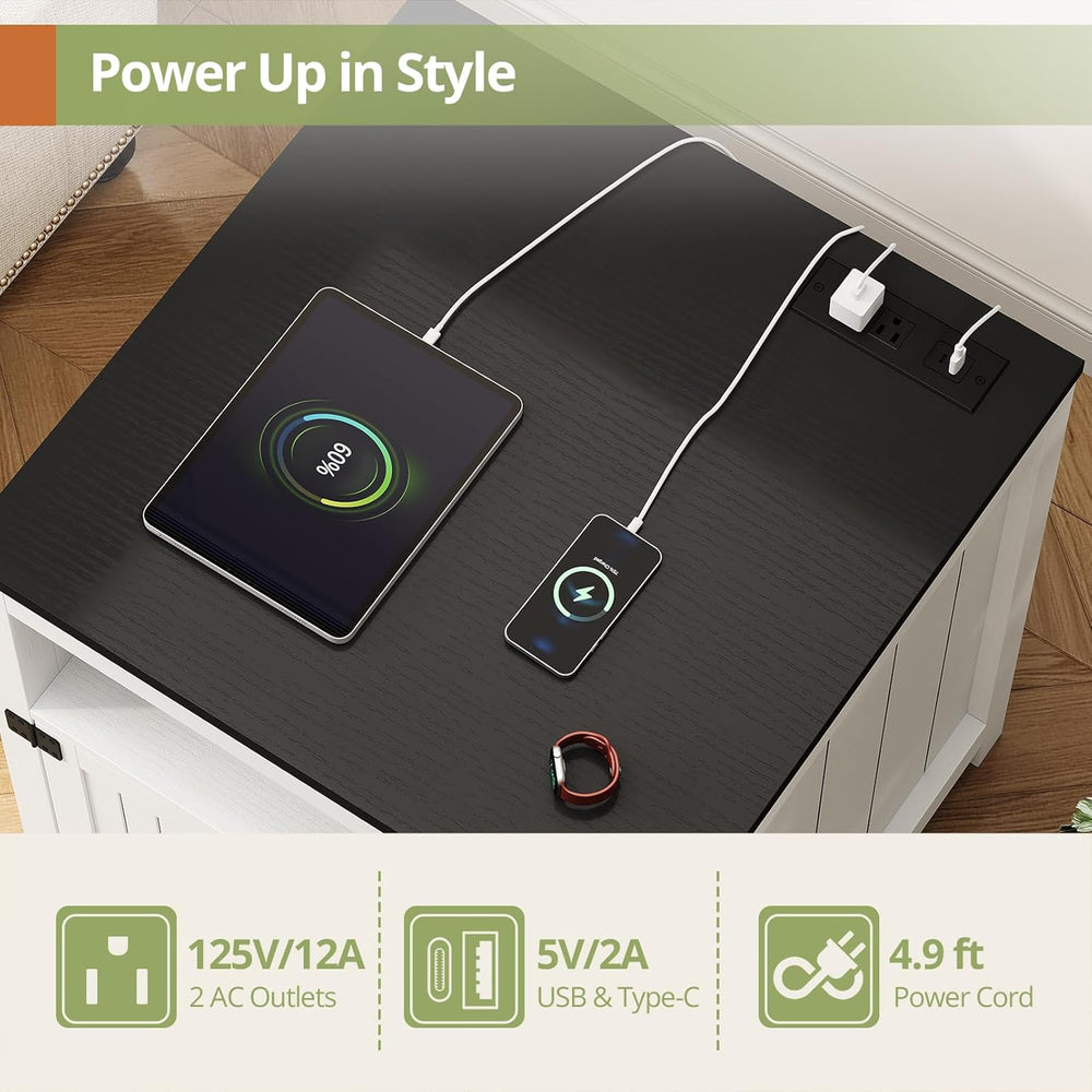 End Table with Charging Station, 23.6''W Large Sofa Side Table with B...