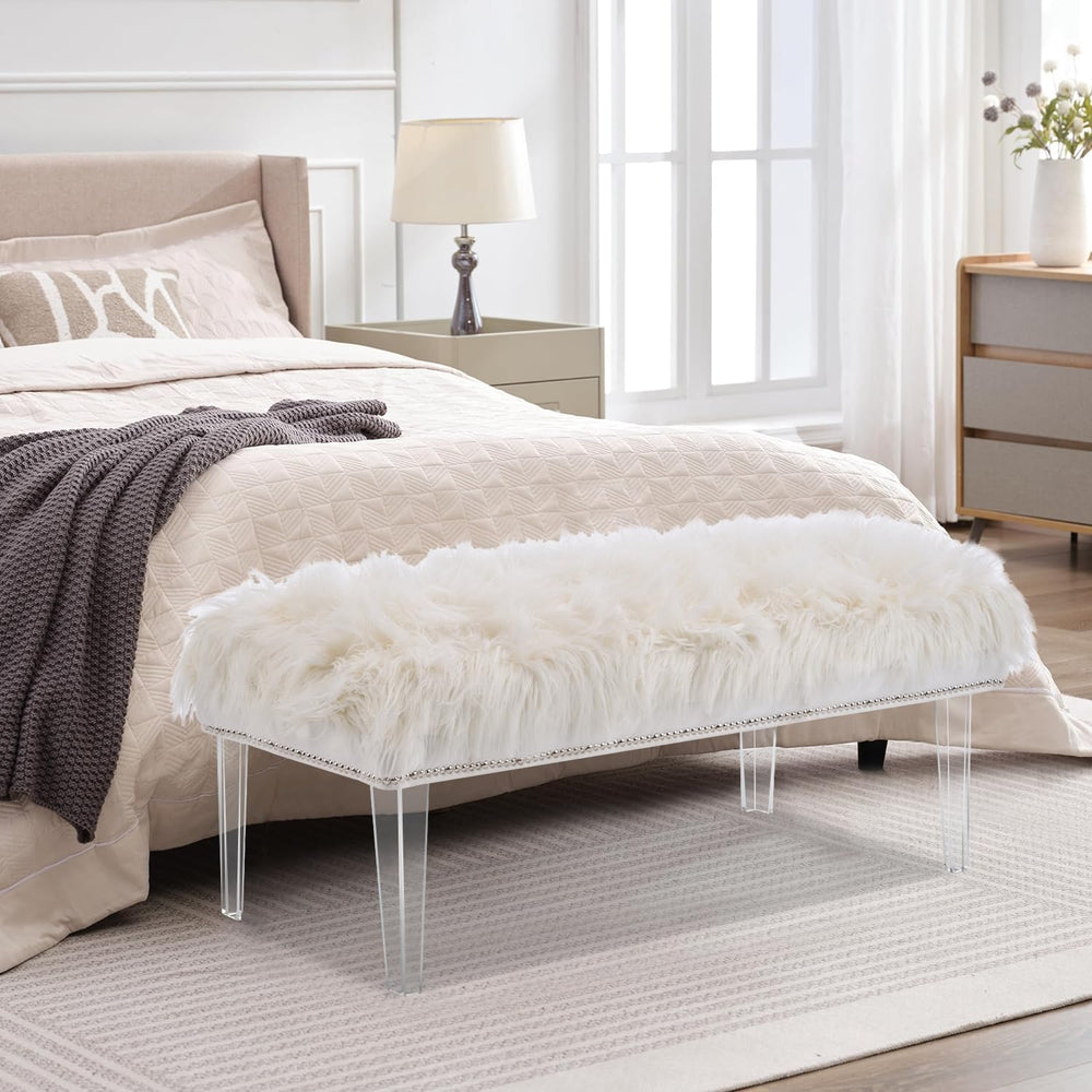 Modern White Faux Fur Ottoman Bench - Upholstered Furry Bench with Acrylic Le...