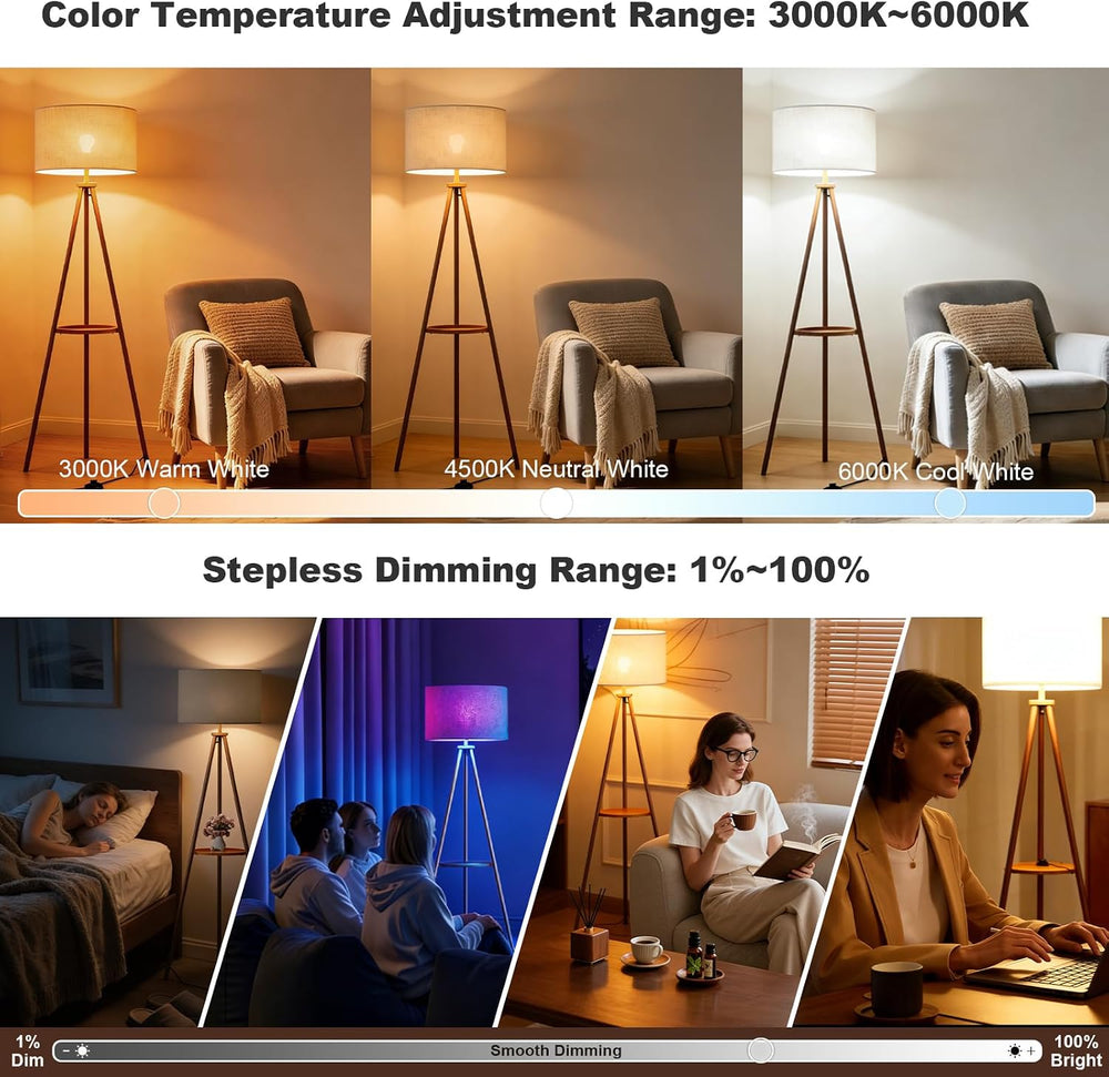 58.3" Mid-Century Tripod Floor Lamp with Shelf, Hidden Wiring, RGB Dimma...