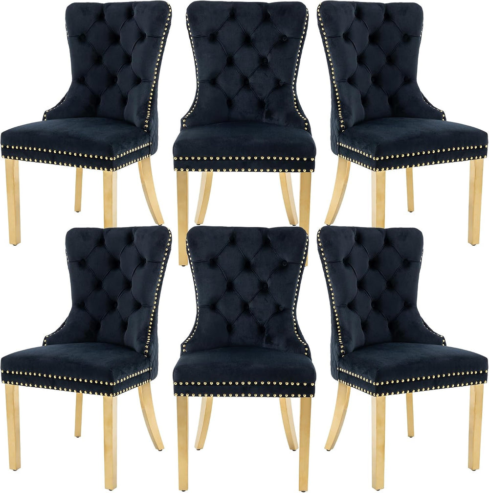 Dining Chairs Set of 6, Golden Metal Legs, Sophisticated Lion Ring, Black
