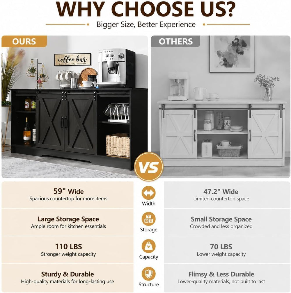 Farmhouse Coffee Bar Cabinet with Sliding Doors & Adjustable Shelves
