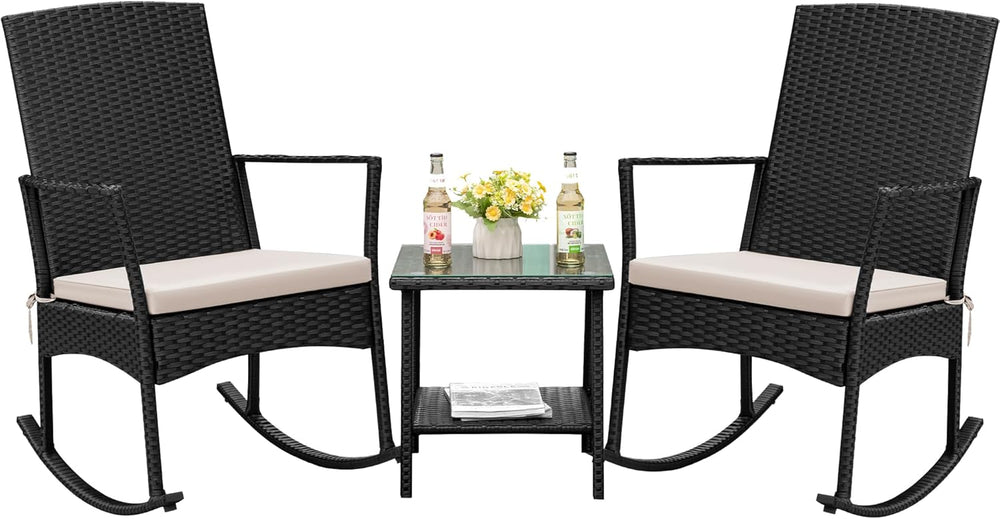 Flamaker Rocking Chair Outdoor PE Rattan Patio Chairs with Glass Table High B...