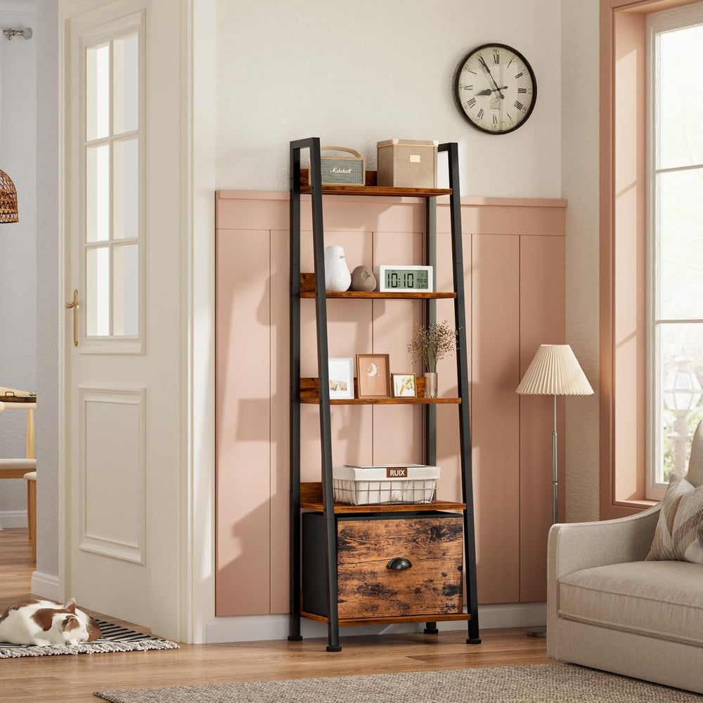 Furologee 5-Tier Ladder Shelf, Ladder Bookshelf with Removable Drawer, Rustic...