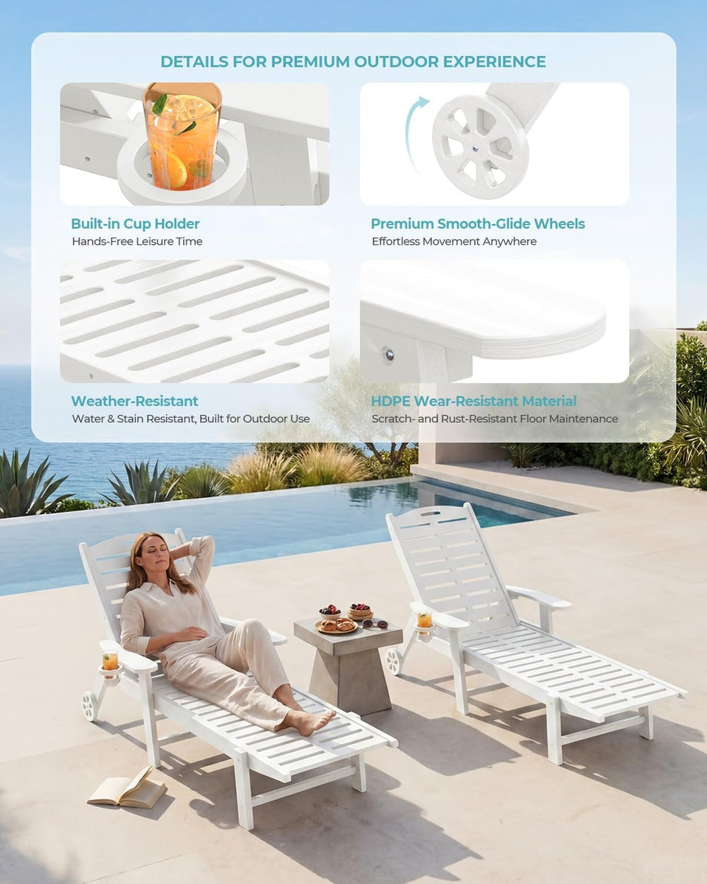 Ciokea Outdoor Chaise Lounge Chair, 5-Position Adjustable, White | HDPE All-W...