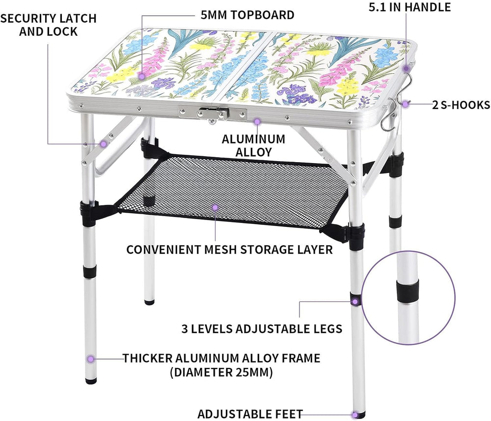 Yriuat Folding Camping Table 2ft Portable Picnic Table, Blooming Floral | Adj...
