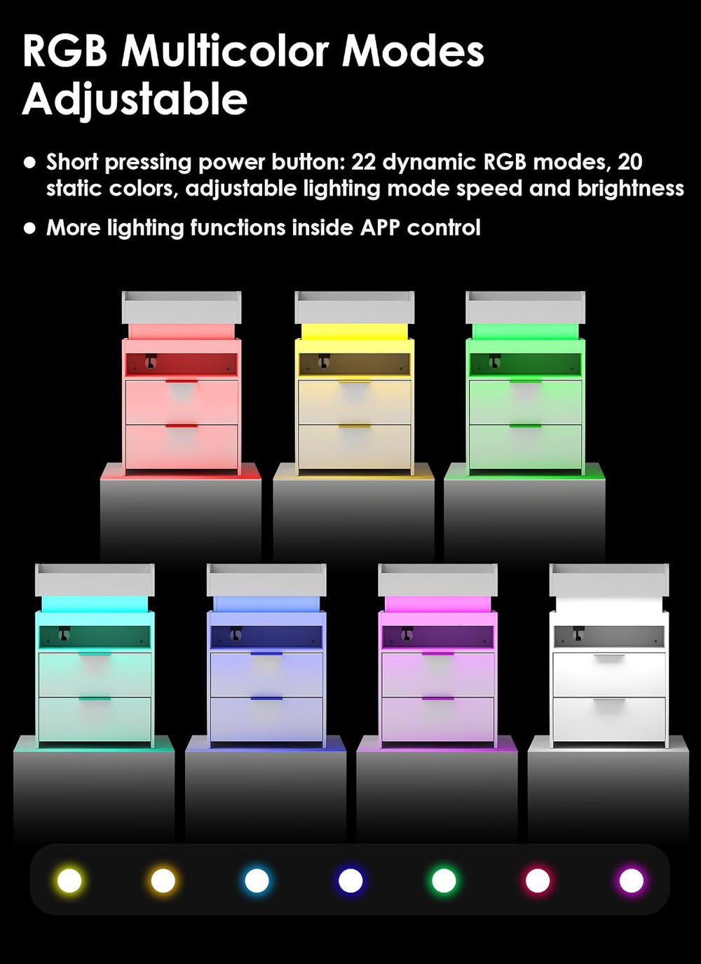 Turosur White Nightstand with Charging Station and LED Lights, Modern Beside ...