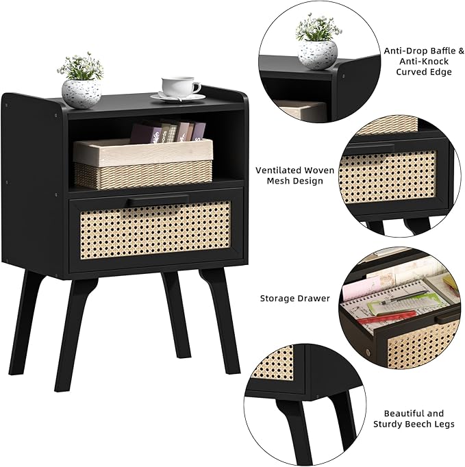 Lerliuo Rattan Nightstand, Bedside Table with Drawer Open Shelf, Cane Accent ...