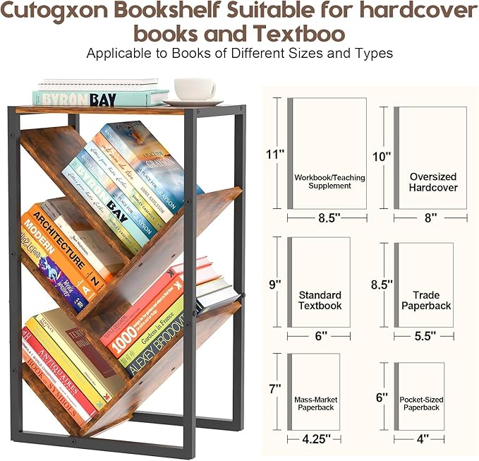 Small Bookcase - 5 Tier Tree Bookshelf with EVA Pads, Book Shelf for Small Sp...