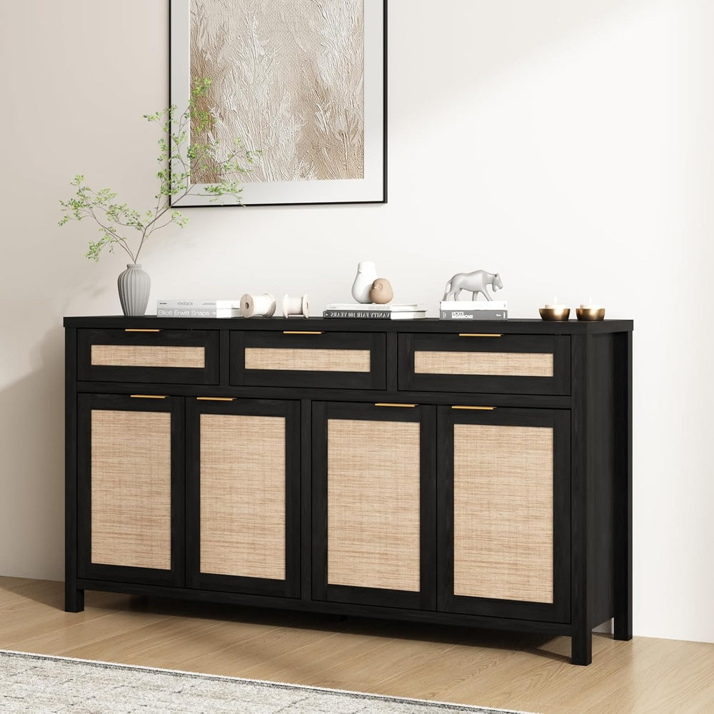 HOKYHOKY Rattan Sideboard Buffet Cabinet, Boho Storage Cabinet with Adjustabl...