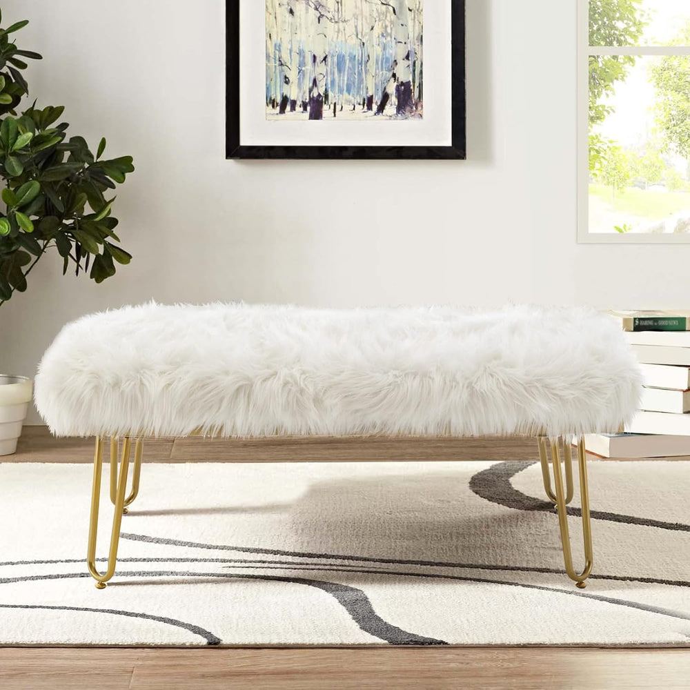 White Faux Fur Ottoman Bench Upholstered Furry Entryway Bedroom Bench with Go...