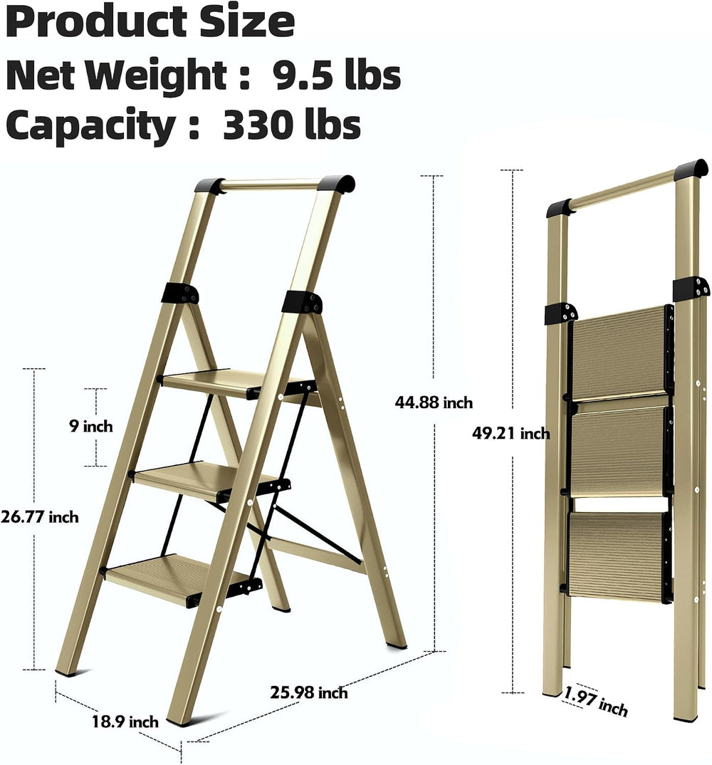 HillhutApex Aluminum 3 Step Ladder, Step Stool Foldable Ladder(Gold)