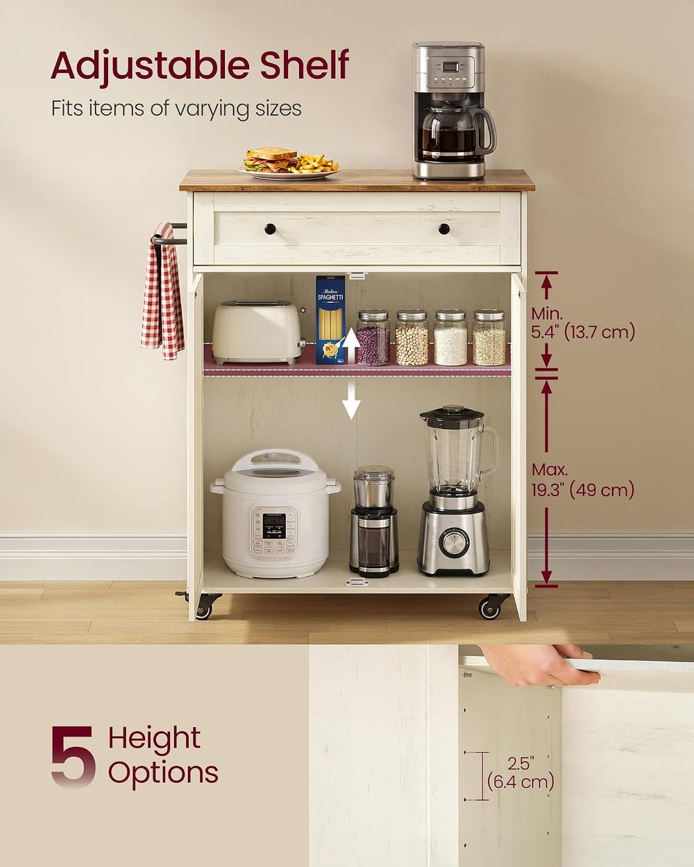 VASAGLE Mobile Kitchen Wooden Island Cart with Storage for Dining Room