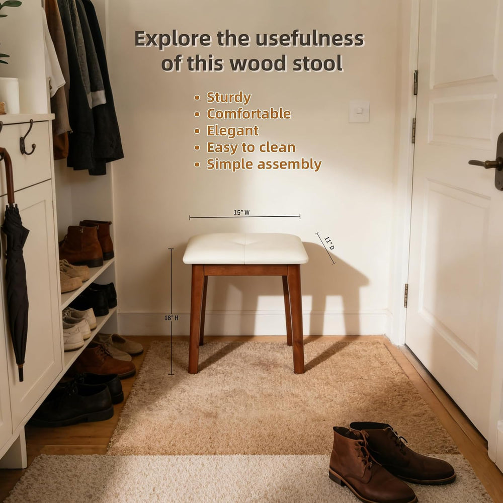 Solid Wood Vanity Stool with Cushion | 11"D x 15"W x 18" H - S...