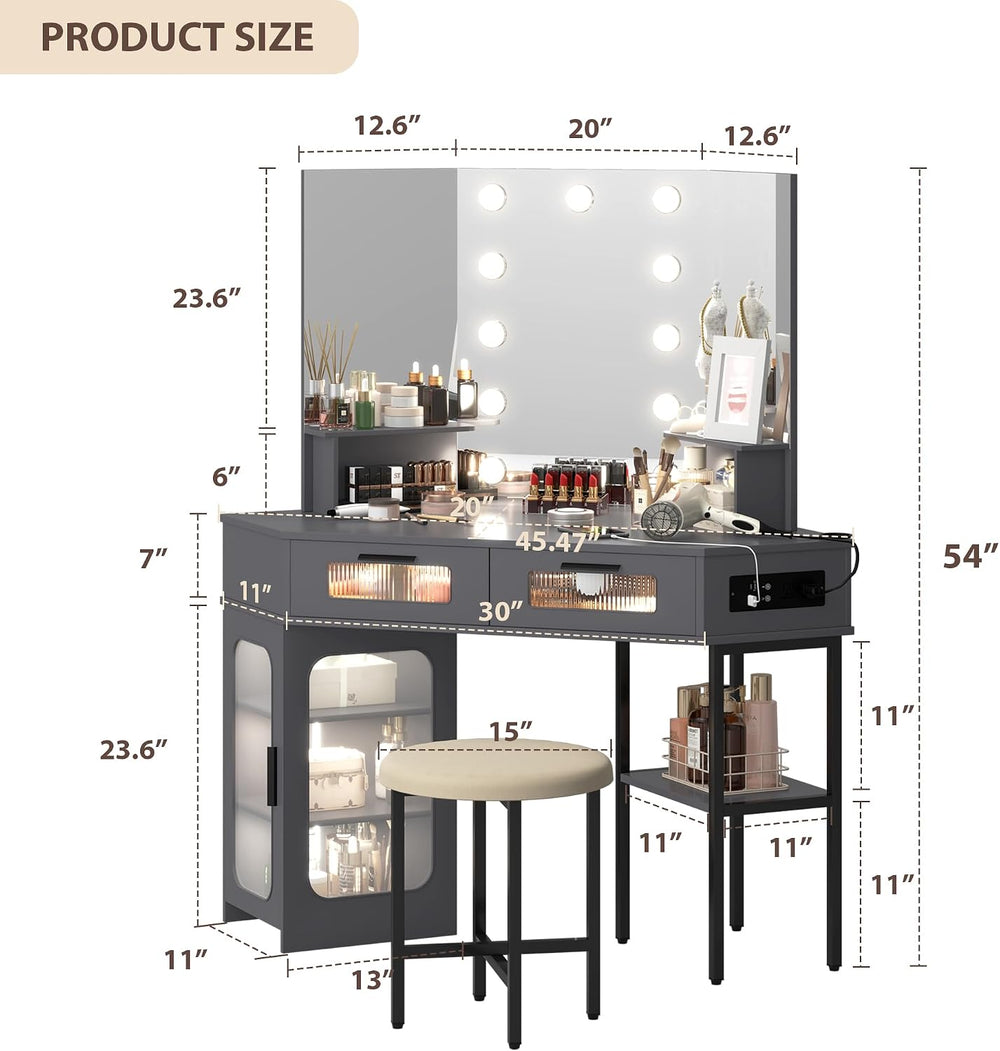 Lareth 45.5" Large Corner Vanity Desk with 3 Way Mirror and Lights | Mod...